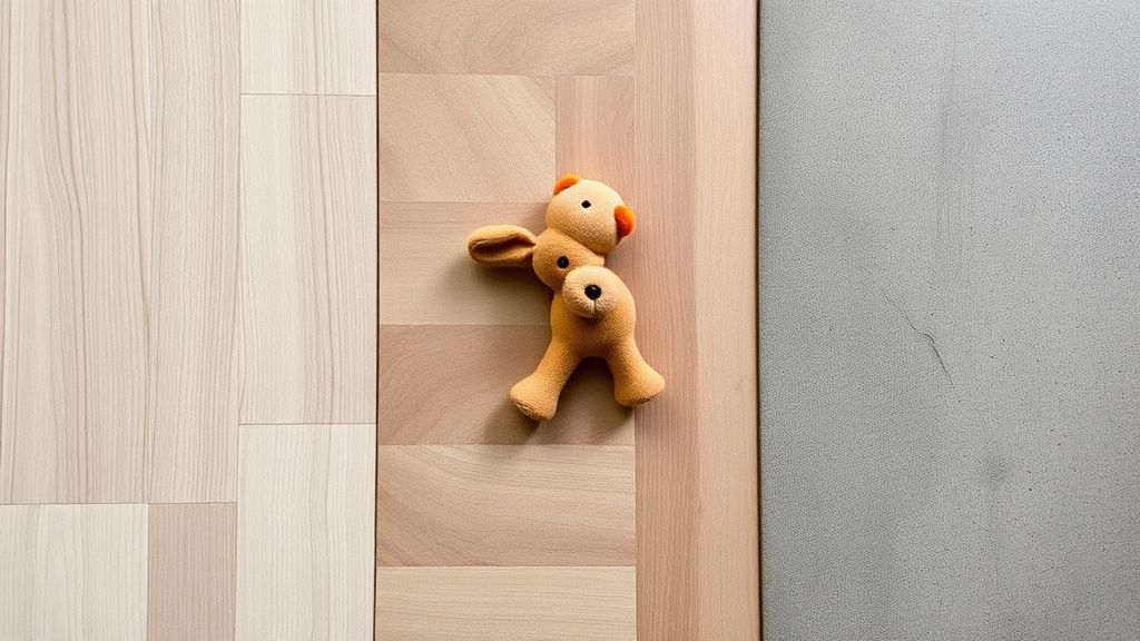 A close-up comparison photo showing three different flooring samples: luxury vin