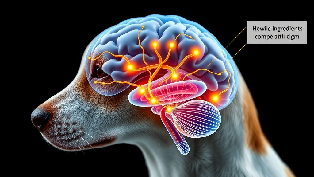 A close-up, cross-section diagram of a dog's brain with highlighted pathways for