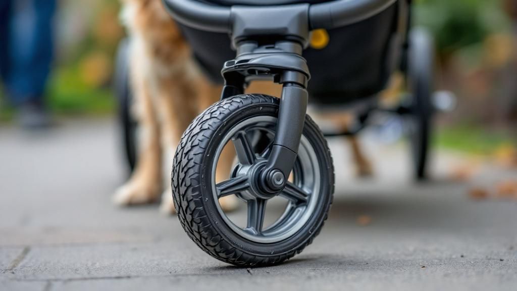 A close-up, detailed photo of the front end of a three-wheel dog stroller, highl
