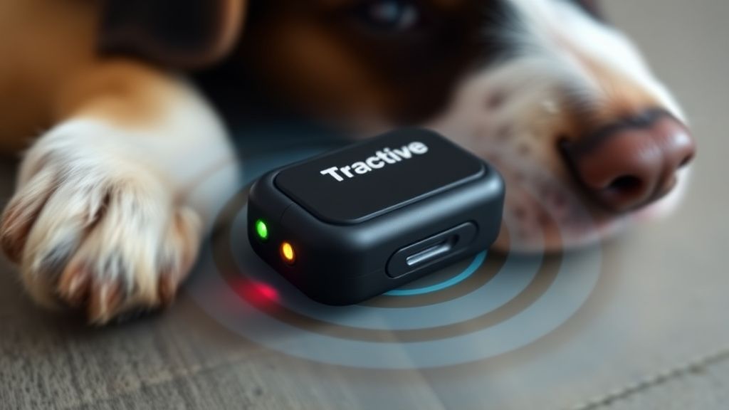 A close-up, detailed photo of the Tractive GPS tracker device, perhaps showing i