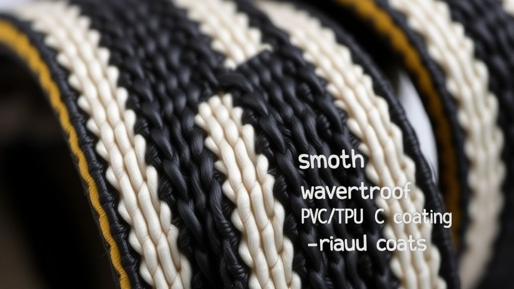 A close-up, detailed photo showing the layered construction of Biothane webbing: