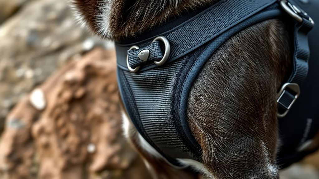 A close-up, detailed shot of a technical dog harness, like the Ruffwear Ridgelin