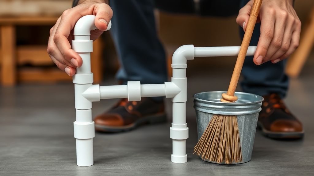 A close-up, hands-on photo of someone assembling a simple dog jump using PVC pip