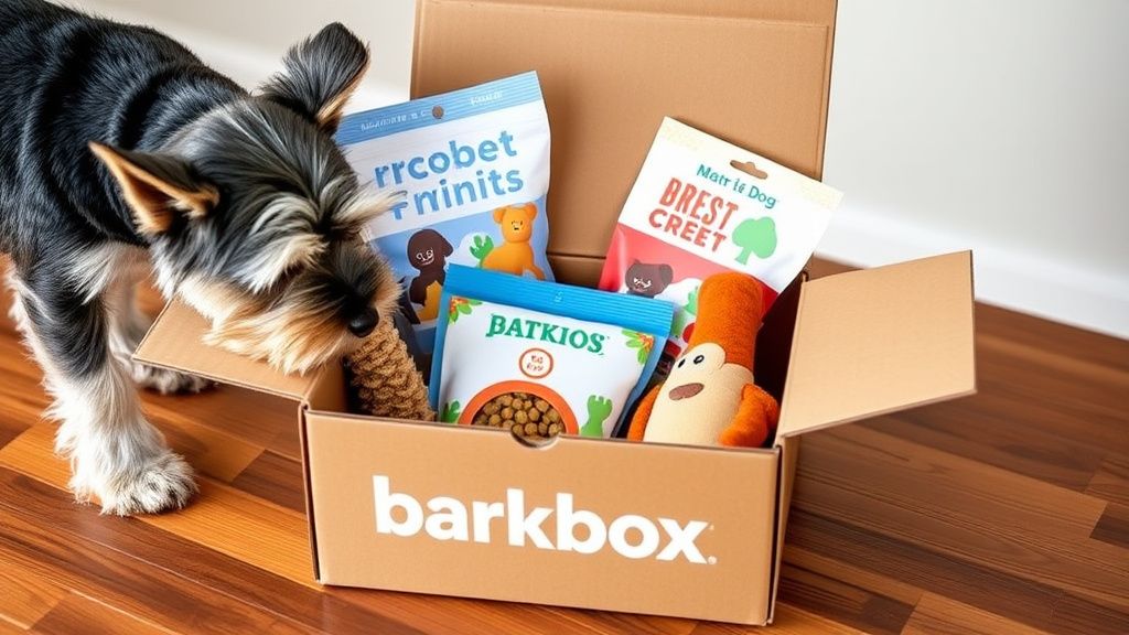 A close-up of a BarkBox subscription box open on a table, showing two themed toy