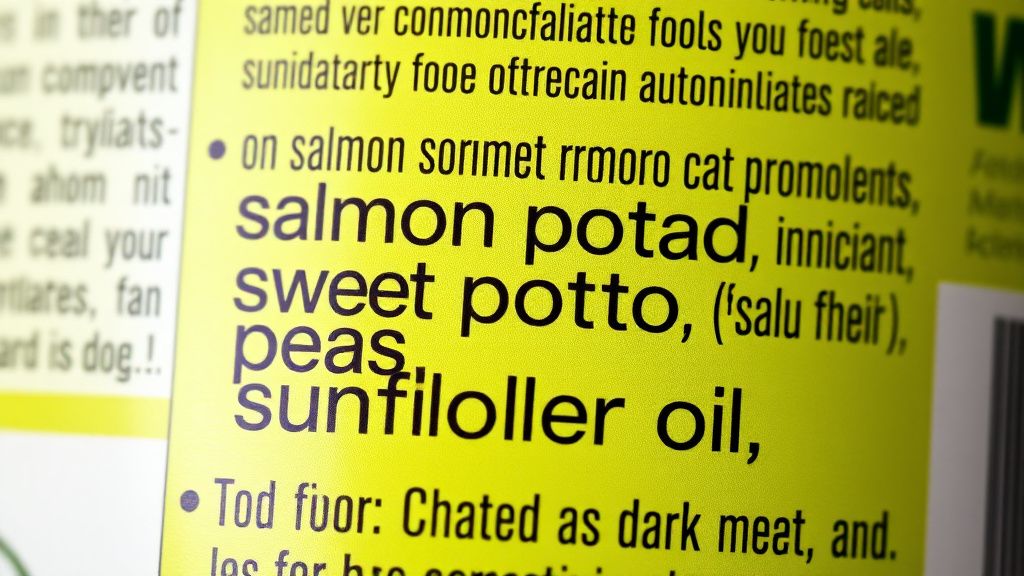 A close-up of a dog food ingredient label, clearly showing a short, simple list