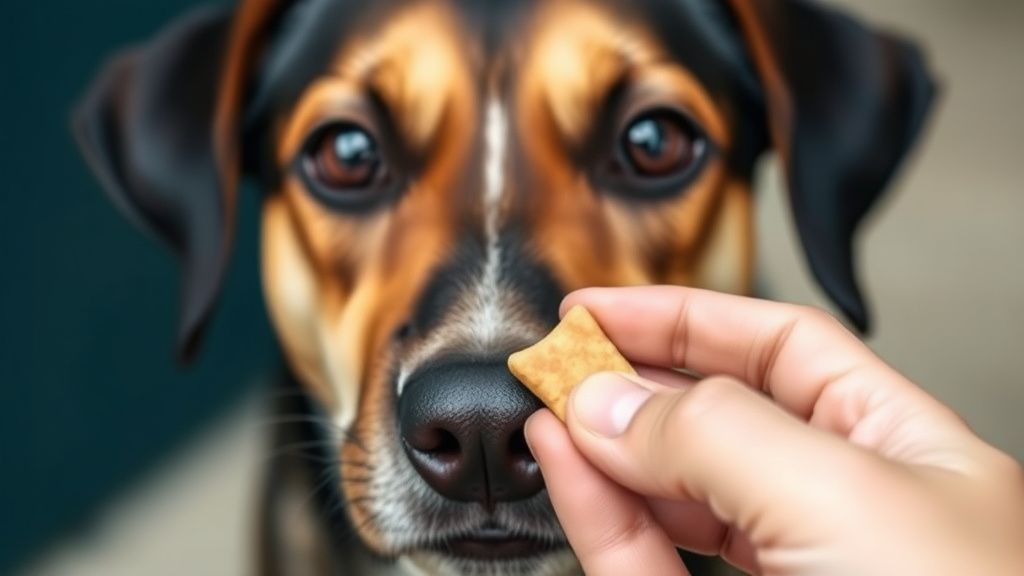 A close-up of a dog's focused face, with a small, soft training treat held in a 