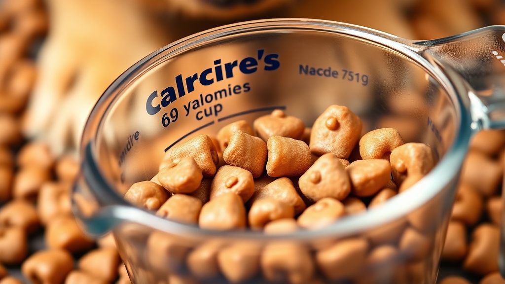A close-up of a measuring cup filled with dog kibble, with a nutritional label s