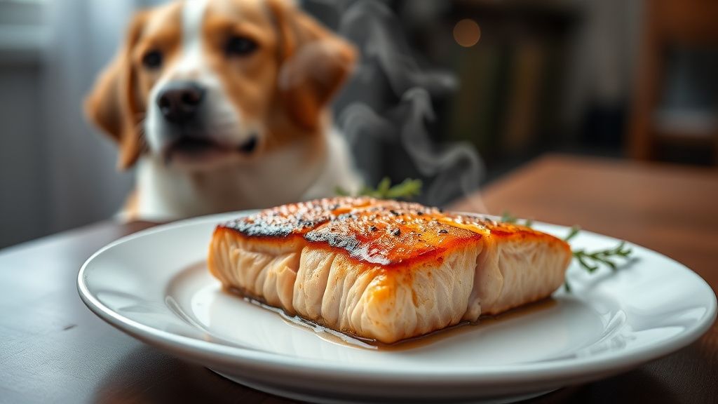 A close-up photo of a beautifully cooked salmon fillet on a plate, steam rising,