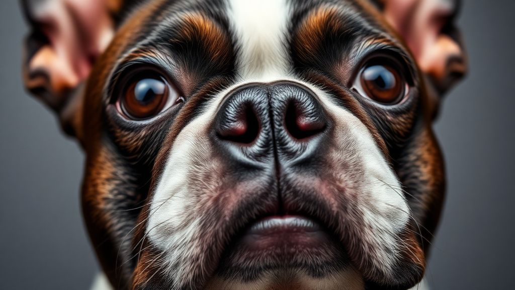 A close-up photo of a Boston Terrier's face, highlighting its brachycephalic (sh