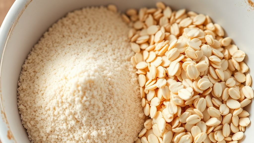 A close-up photo of a bowl containing fine, powdery colloidal oatmeal next to a 