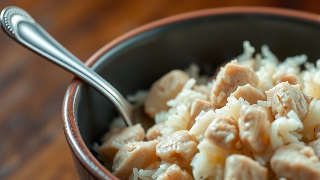 A close-up photo of a bowl containing plain boiled chicken pieces mixed with whi