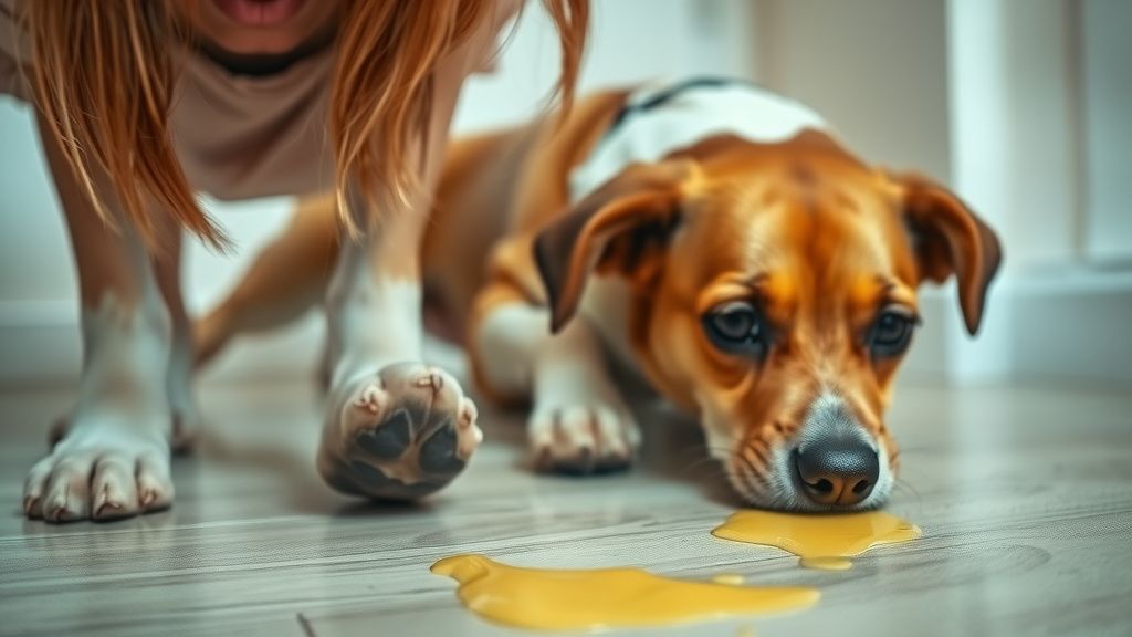 A close-up photo of a concerned dog owner looking at a small puddle of yellow, f