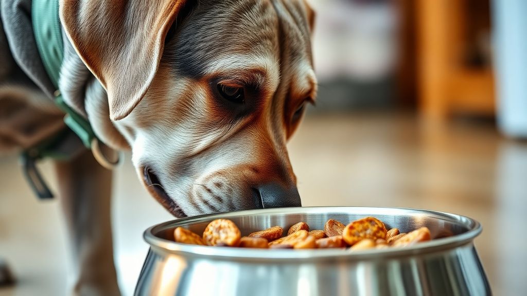 A close-up photo of a concerned-looking senior dog (like a gray-muzzled Labrador