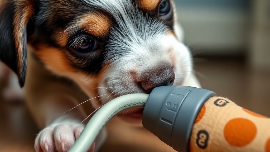 A close-up photo of a curious puppy sniffing and gently mouthing a safe, chew-pr