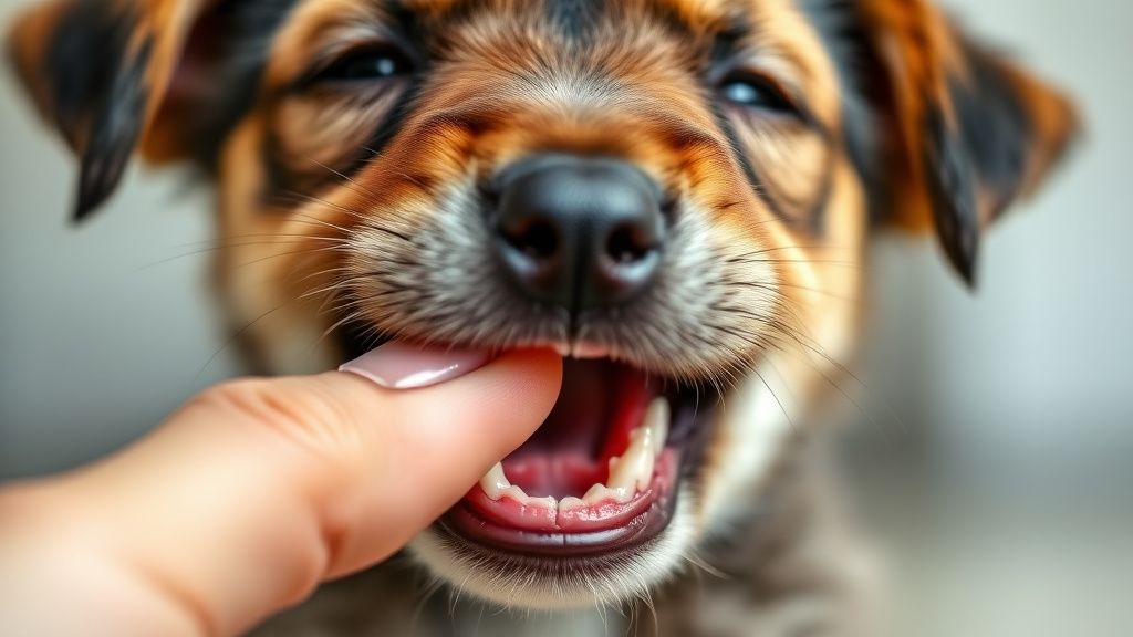 A close-up photo of a cute puppy with its mouth open, gently gnawing on a person