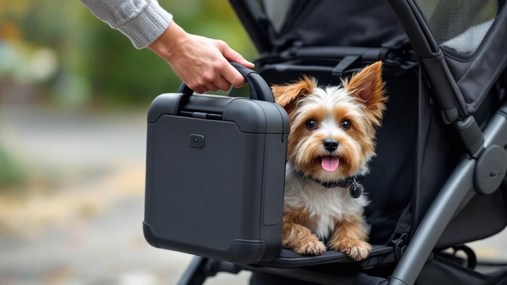 A close-up photo of a detachable pet carrier pod being clicked onto a stroller f