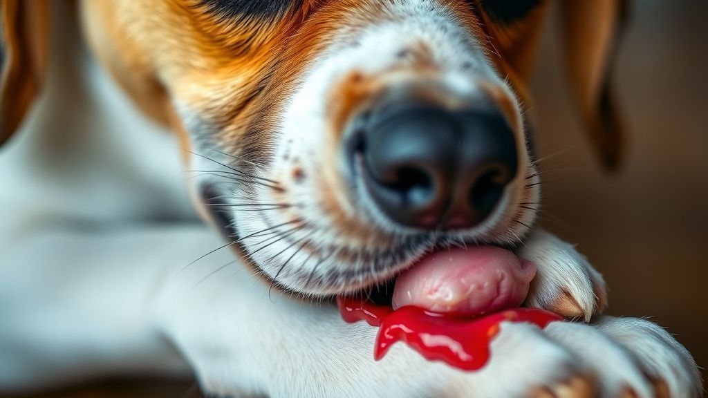 A close-up photo of a distressed dog licking or chewing at a raw, red sore on it