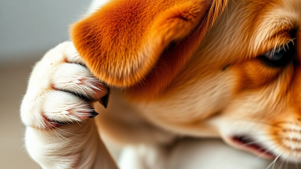 A close-up photo of a distressed dog scratching its ear with its hind paw, showi