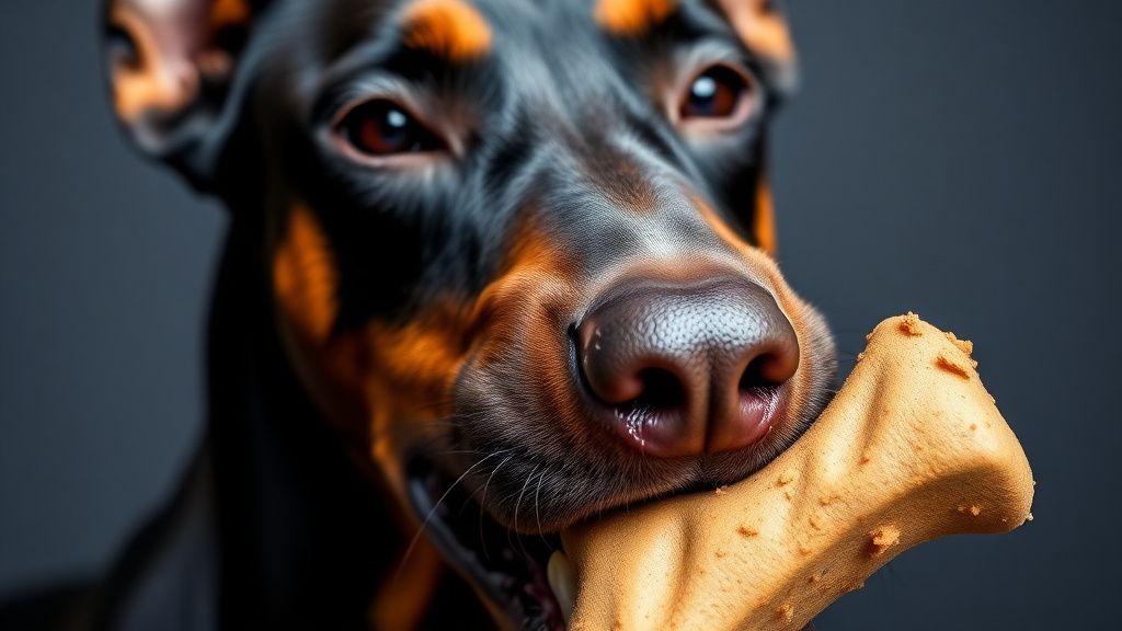 A close-up photo of a Doberman Pinscher chewing on a large, textured, natural de