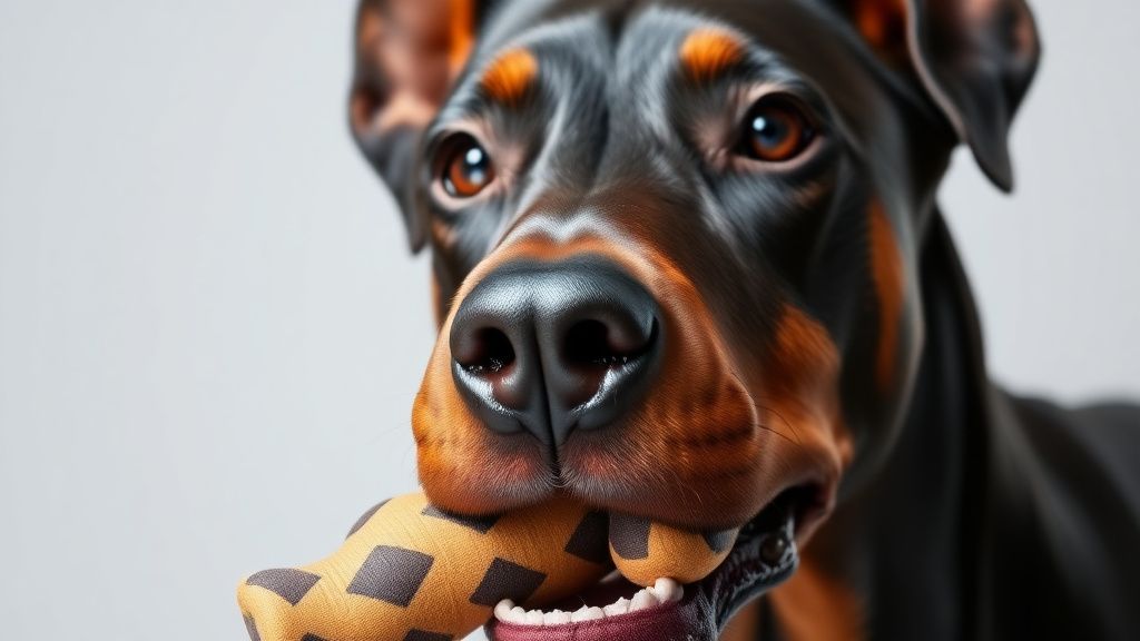A close-up photo of a Doberman Pinscher's face, showing an intelligent, alert ex