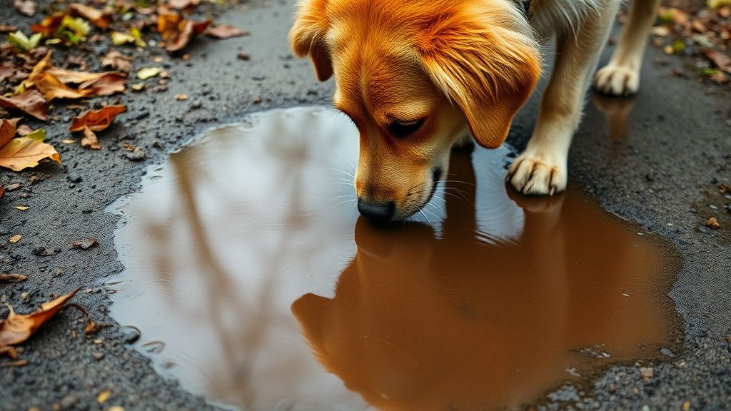 A close-up photo of a dog about to drink from a large, murky puddle on a wet, le