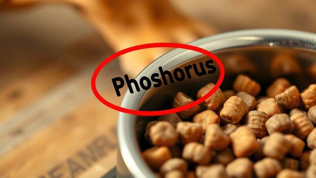 A close-up photo of a dog food ingredient label with the word 'Phosphorus' clear