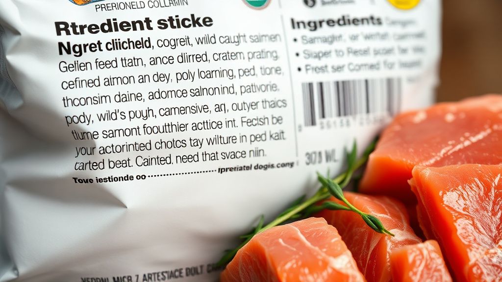 A close-up photo of a dog food ingredient list, highlighting 'deboned chicken' a