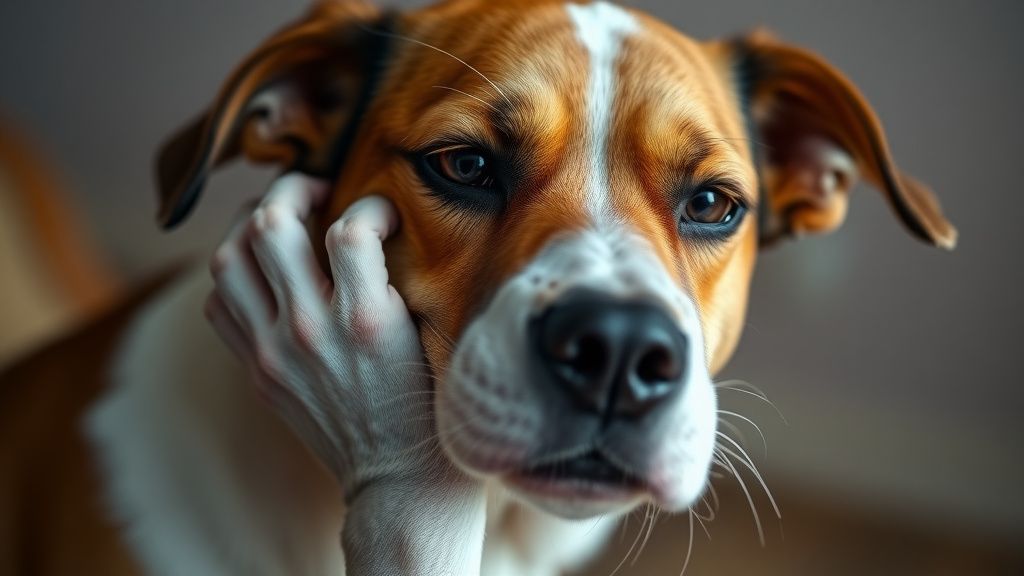 A close-up photo of a dog looking uncomfortable, mid-scratch, with its paw behin