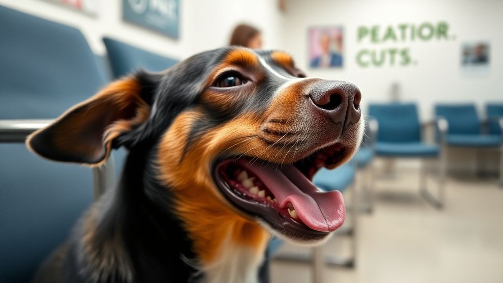 A close-up photo of a dog mid-yawn in a tense environment, such as a vet's waiti