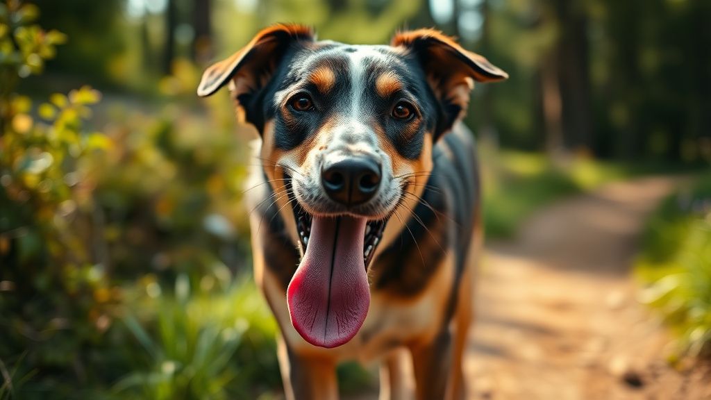 A close-up photo of a dog panting heavily on a trail, with visible vapor or heat