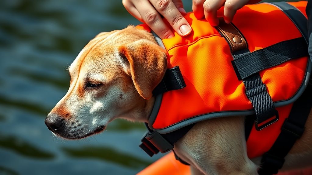 A close-up photo of a dog wearing a bright orange life jacket, with an owner's h