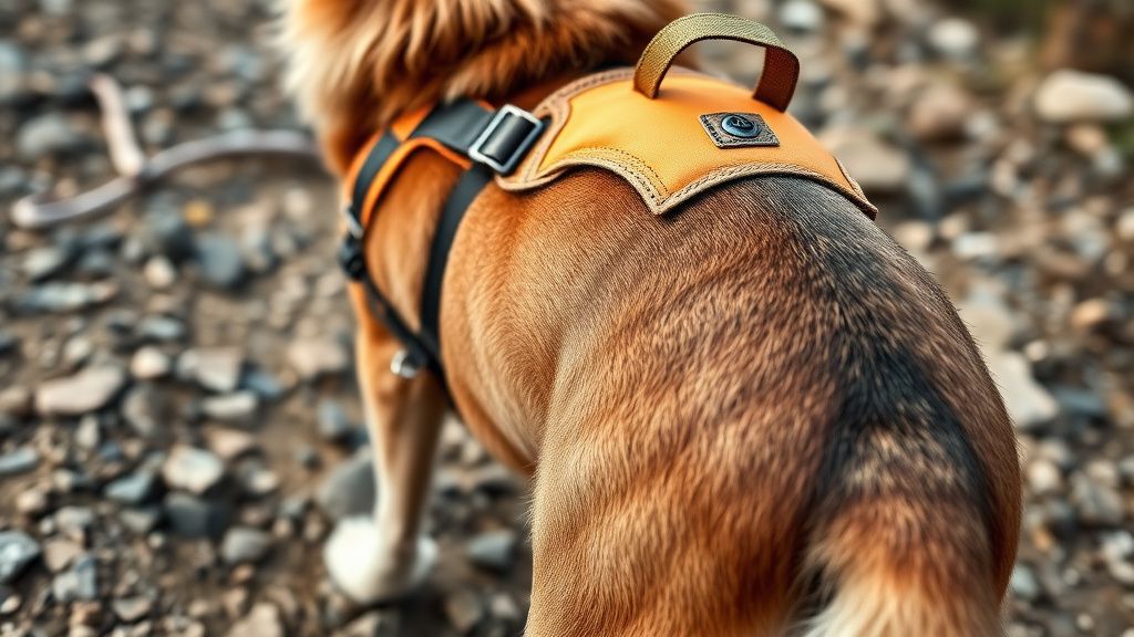 A close-up photo of a dog wearing a sturdy, brightly colored hiking harness with