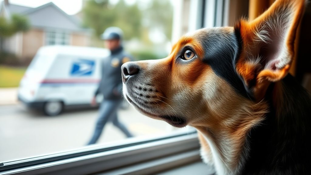 A close-up photo of a dog with an alert, tense expression, looking out a window 