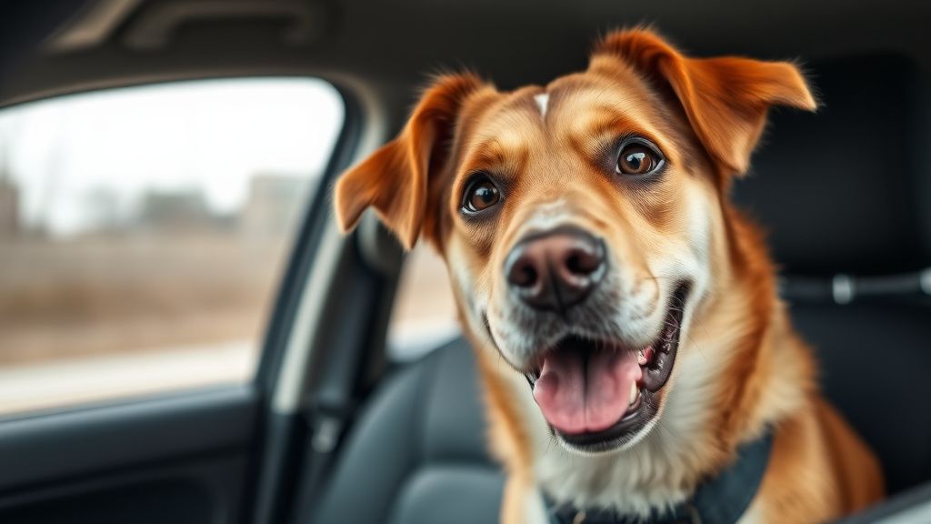 A close-up photo of a dog's anxious face panting in the backseat of a car, looki