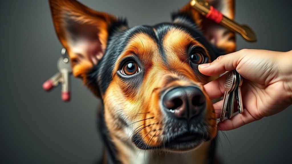 A close-up photo of a dog's anxious face, with wide eyes and ears back, as a han