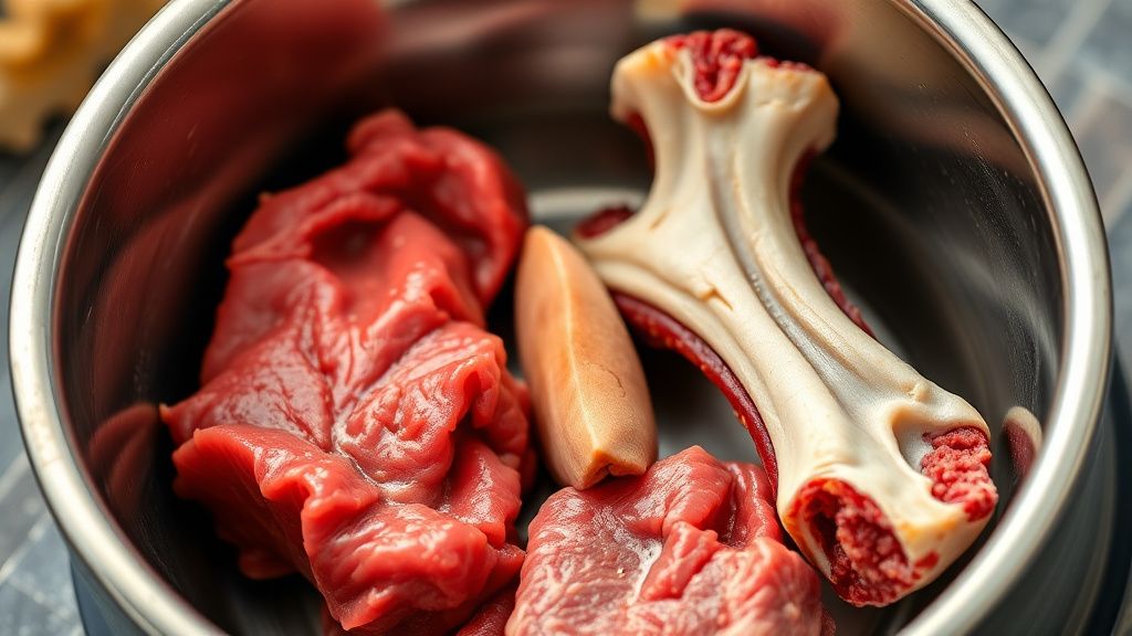 A close-up photo of a dog's bowl containing a mix of raw muscle meat, a piece of
