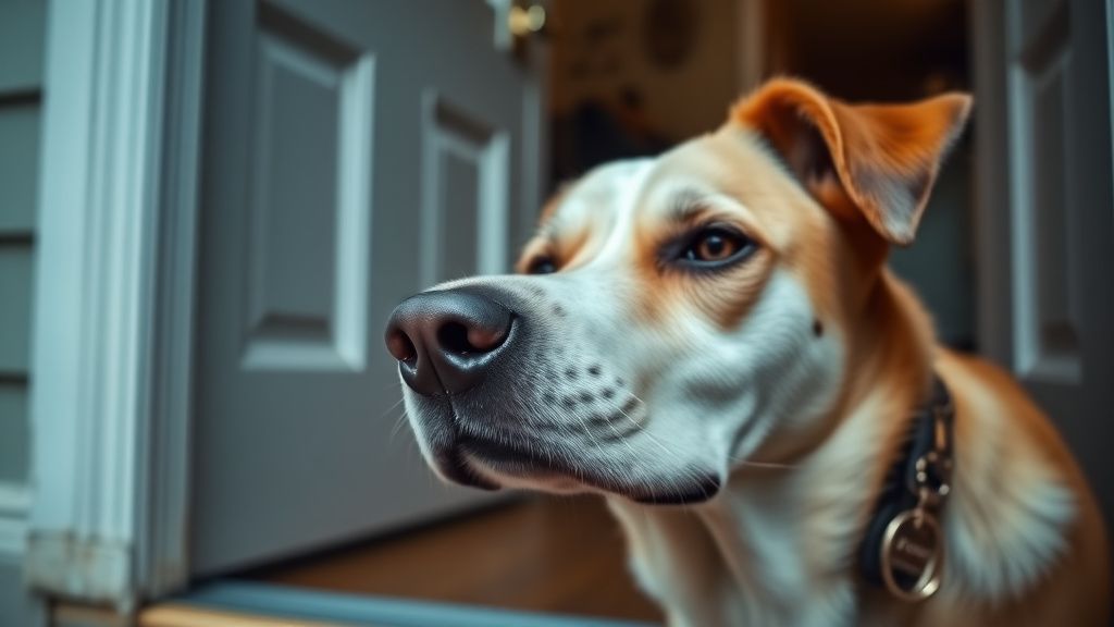 A close-up photo of a dog's calm, relaxed face looking at a front door that is s