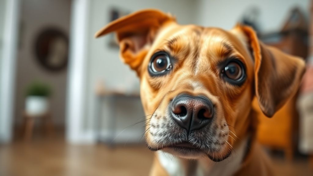A close-up photo of a dog's face looking confused and anxious, with wide, worrie