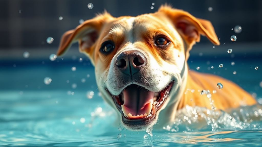 A close-up photo of a dog's face mid-splash in a pool, showing an expression of 