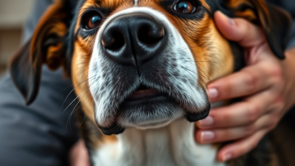 A close-up photo of a dog's face, showing wide nostrils and exaggerated chest mo