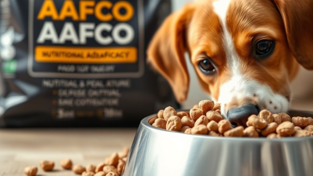 A close-up photo of a dog's food bowl filled with kibble, with the AAFCO nutriti