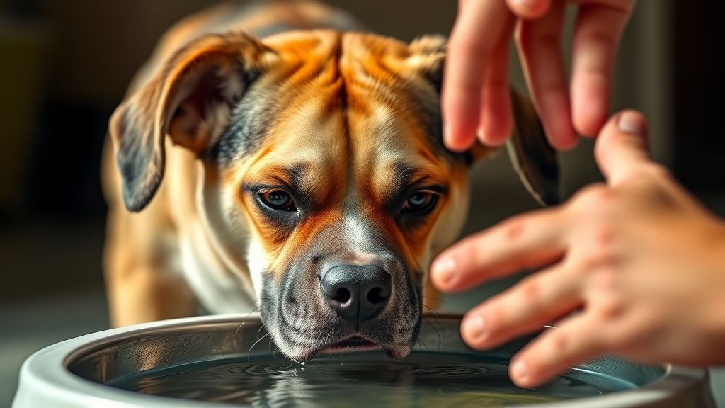 A close-up photo of a dog's head, frozen and tense, with low ears and a hard sta