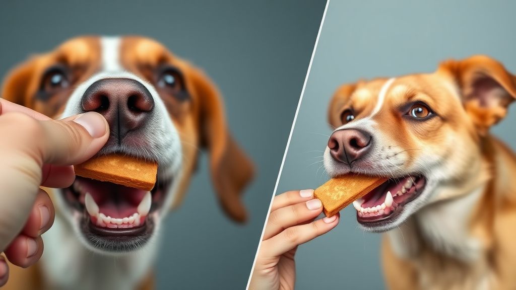 A close-up photo of a dog's mouth gently taking a treat from a person's hand, co