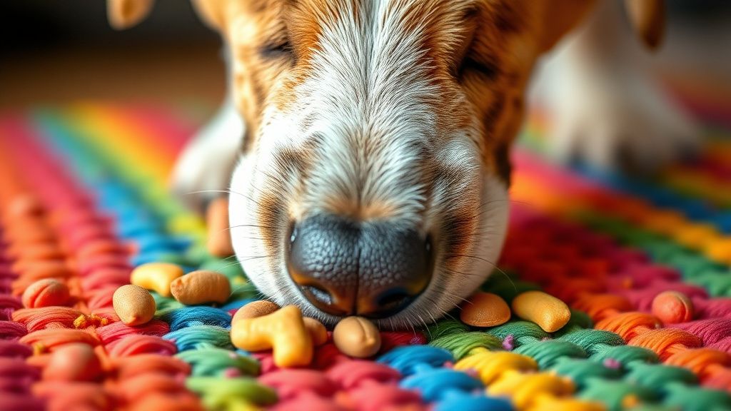 A close-up photo of a dog's nose buried in a colorful, textured snuffle mat, for