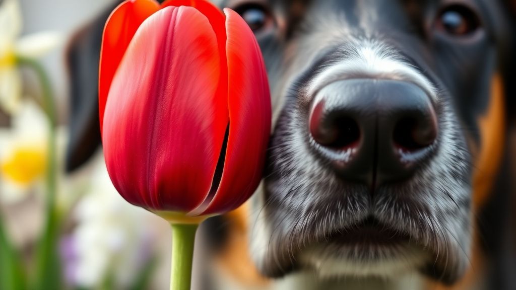 A close-up photo of a dog's nose sniffing a vibrant red tulip, with a daffodil a