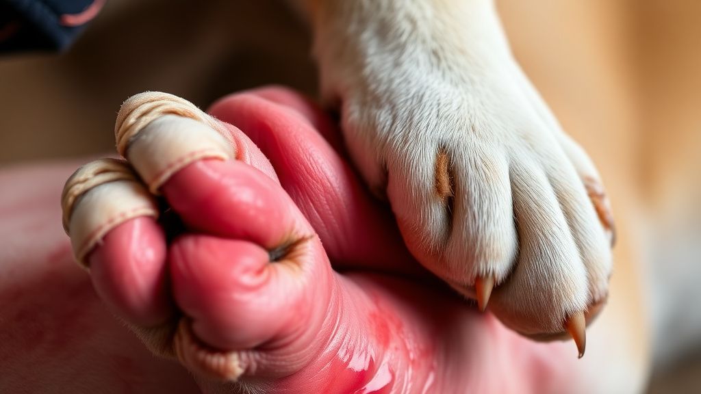 A close-up photo of a dog's red, inflamed skin, with the dog's paw visibly scrat