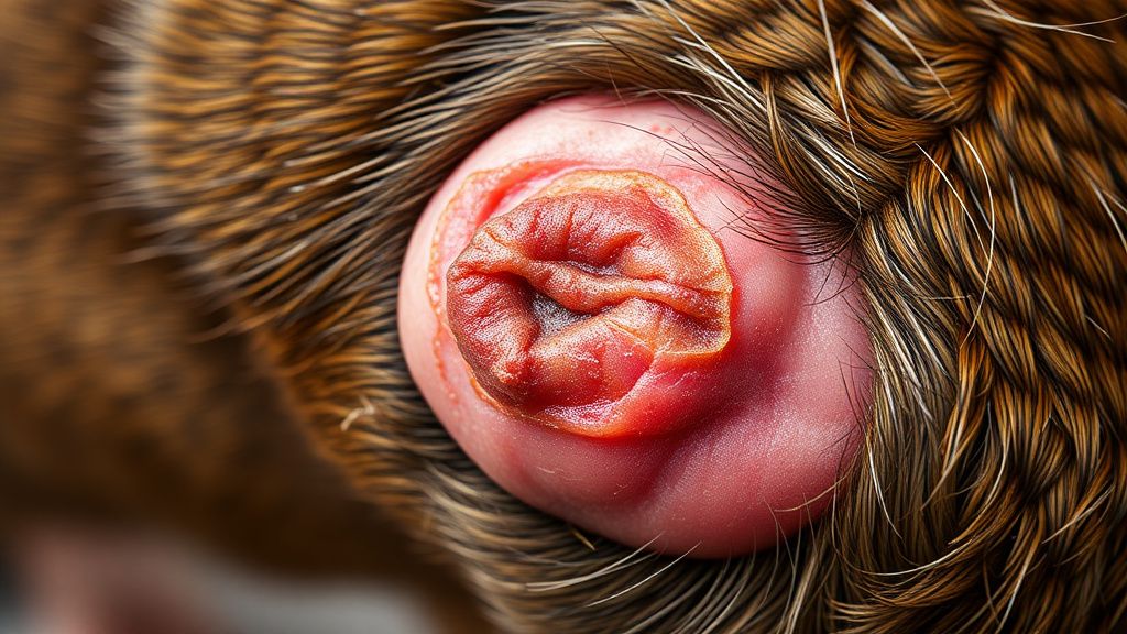 A close-up photo of a dog's skin showing a severe, tight mat directly against th