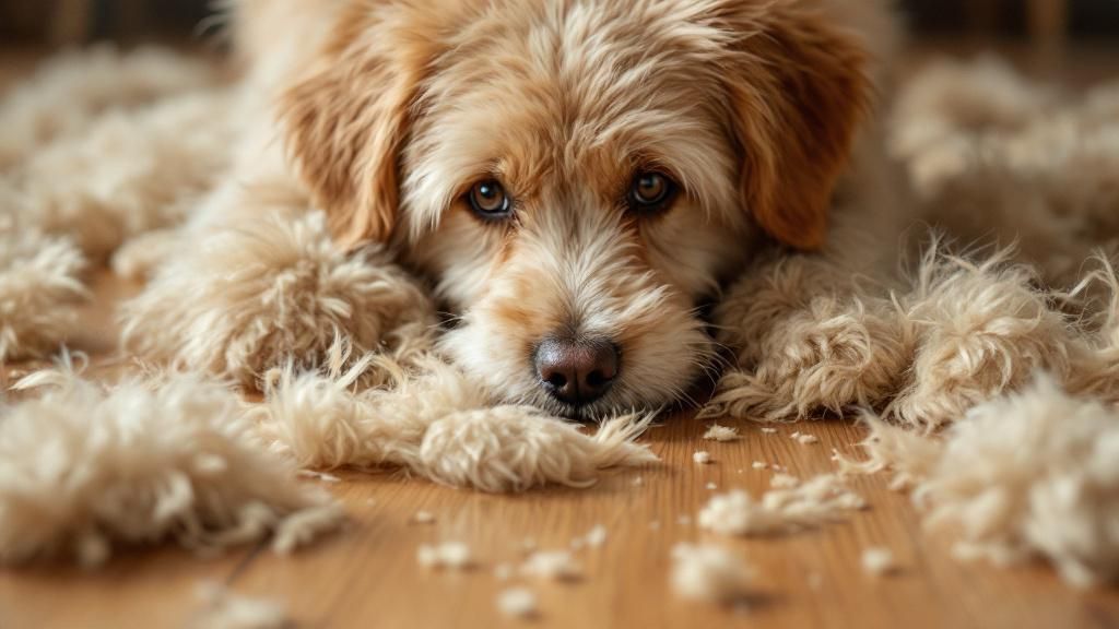 A close-up photo of a fluffy dog surrounded by large tufts of shed fur on a hard