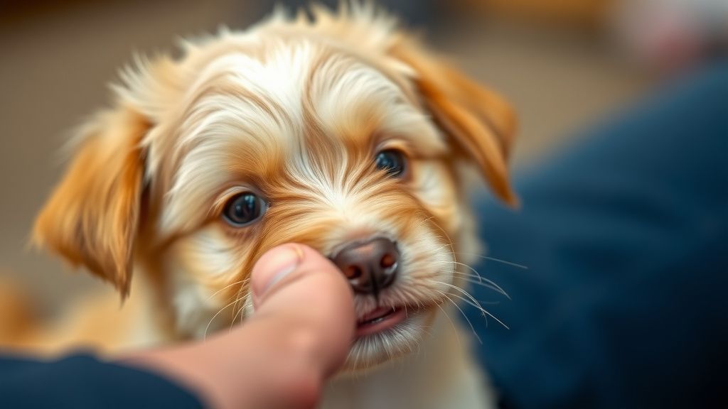 A close-up photo of a fluffy puppy gently gnawing on a person's finger, with a l