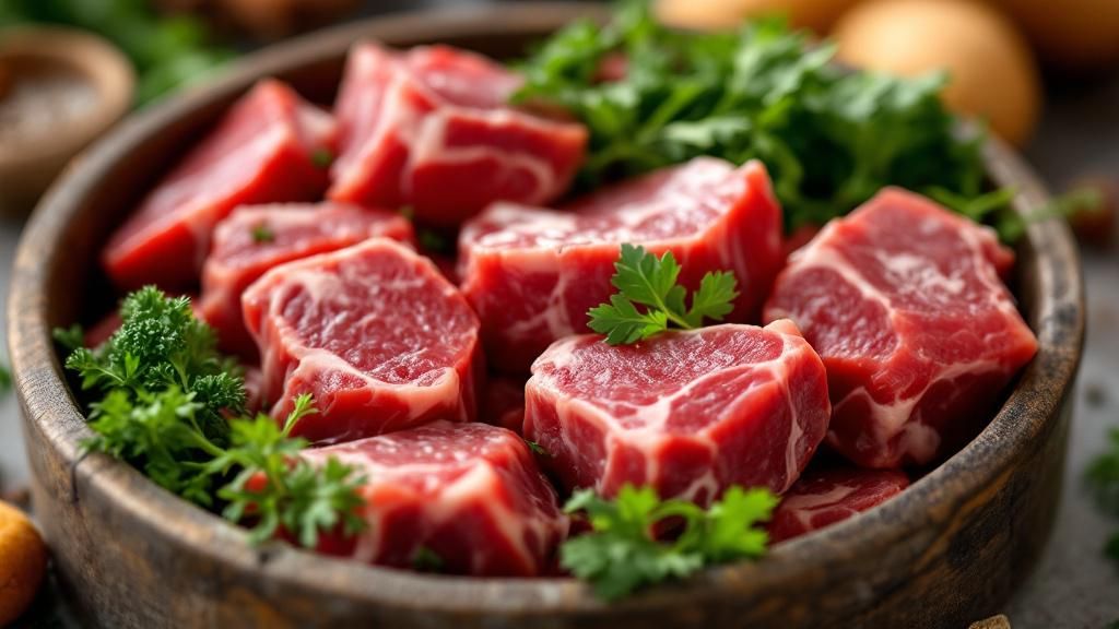 A close-up photo of a fresh, raw-looking dog food bowl containing high-quality i